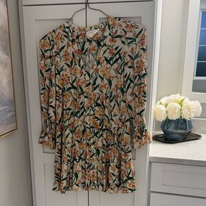 Pomander Place Cream Floral Tiered Mini Dress with Green Leaves